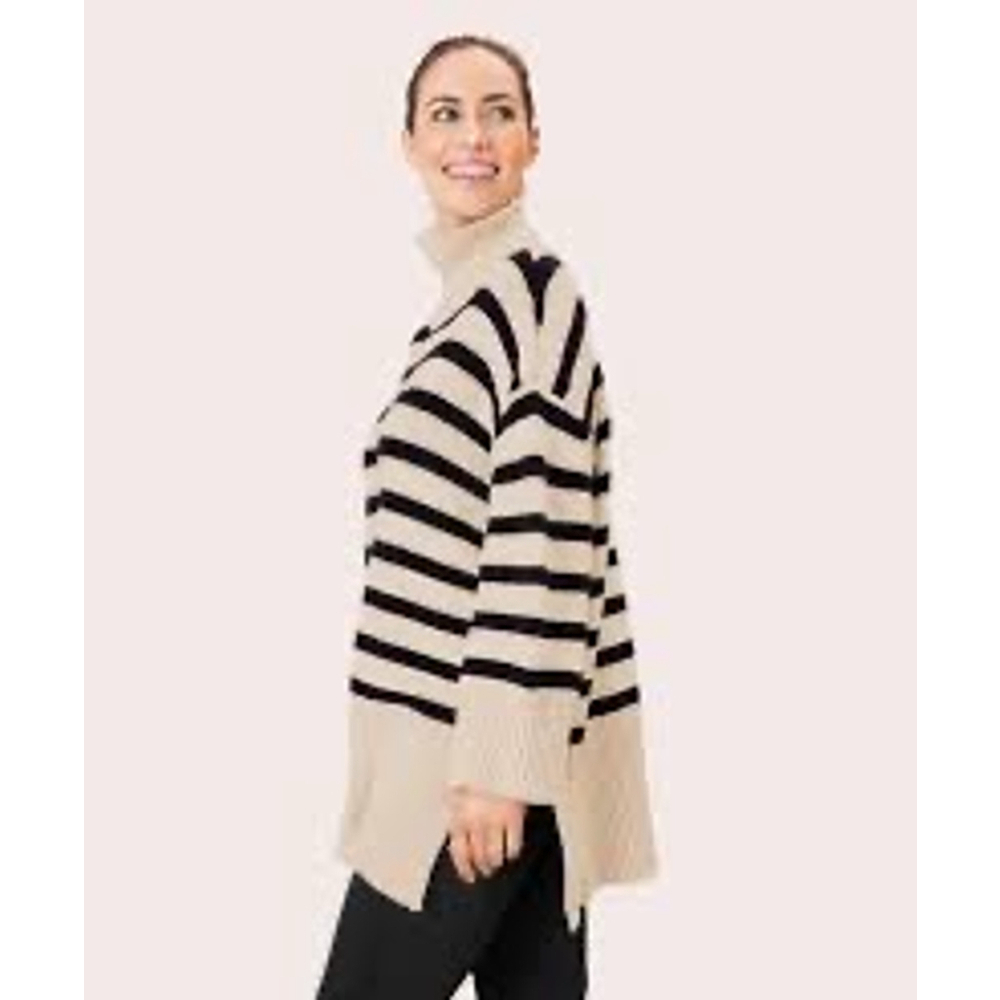 Masai Copenhagen Large Beige Black Stripe Knit Turtleneck Sweater
